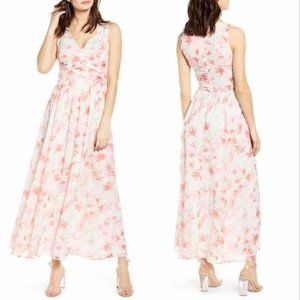 Leith Floral Ruched Waist Maxi Chiffon Dress